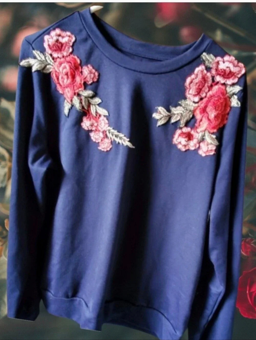 Blue Floral Embroidered Sweatshirt Romwe